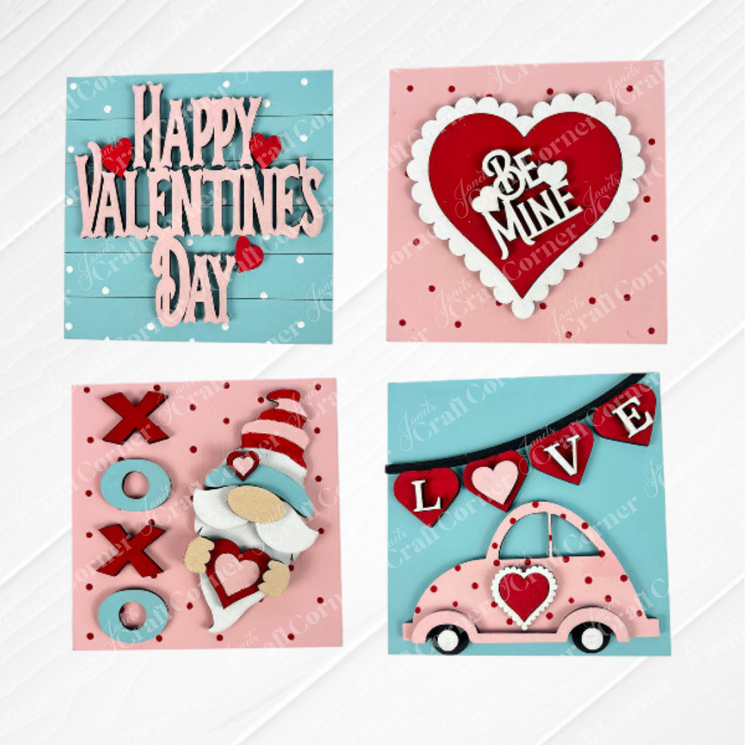 Janet's Craft Corner’s Valentine Squares features four Valentine’s Day images—“Happy Valentine’s Day” with hearts, “Be Mine” in a heart, “XOXO” gnome, and a pink car with “LOVE”—perfect for DIY or tiered tray decor.