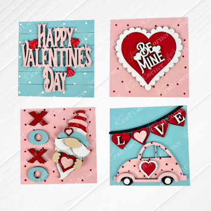 Janet's Craft Corner’s Valentine Squares features four Valentine’s Day images—“Happy Valentine’s Day” with hearts, “Be Mine” in a heart, “XOXO” gnome, and a pink car with “LOVE”—perfect for DIY or tiered tray decor.