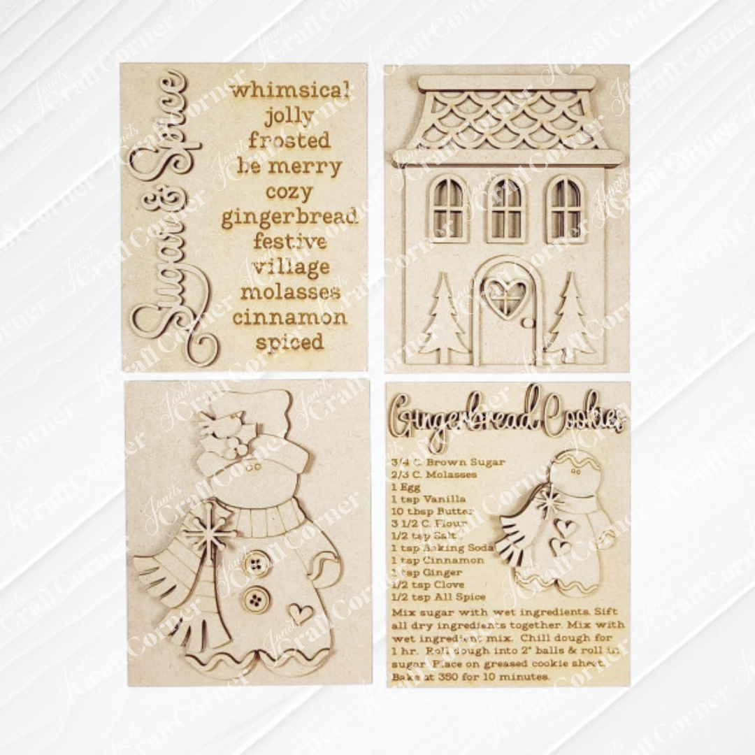 Janet's Craft Corner Victorian Gingerbread Switchable Farmhouse Signs DIY kit includes 4 rectangular wood signs—perfect for festive seasonal home decor. 