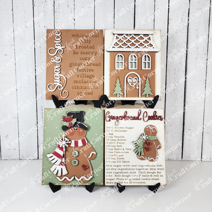 Set of gingerbread-themed decorative signs on a wooden background