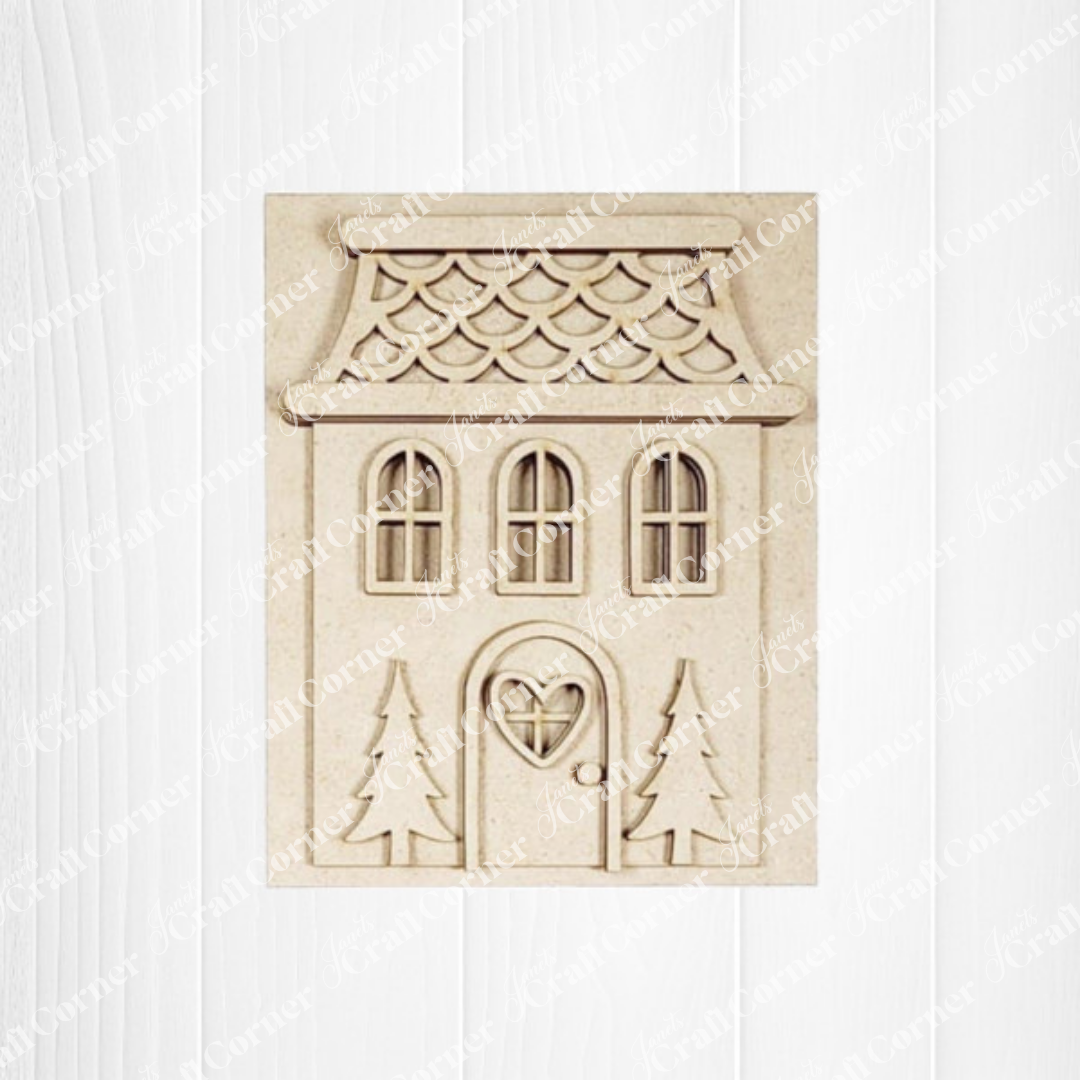 Decorative house-shaped wood cut-out DIY craft kit on a white background