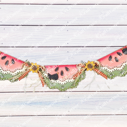 Janet’s Craft Corner 1a - MASTER product: a festive garland with watermelon slice wood cut-outs, green ruffled edges, sunflowers, buttons, and ribbon bows—ideal DIY seasonal home decor for your space.
