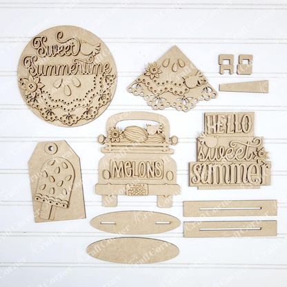 The Vintage Watermelon Decor Set from Janet's Craft Corner features assorted unfinished wood cut-outs—like a “Sweet Summertime” plaque and “Hello Sweet Summer” sign—ideal for DIY home decor or as a seasonal craft kit.