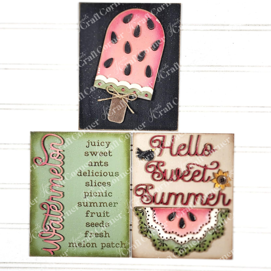 Janet's Craft Corner Vintage Watermelon Switchable Farmhouse Sign is a DIY seasonal home decor craft kit featuring charming watermelon designs—perfect for refreshing your space or creative projects. Set of 1.