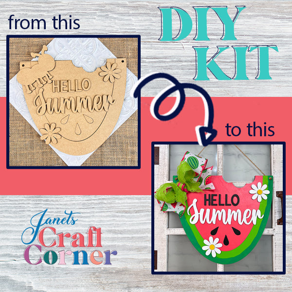 Explore the "Hello Summer Watermelon Door Hanger" DIY kit by Janet's Craft Corner, which turns a wooden "Hello Summer" sign into a lively watermelon door hanger embellished with flowers and leaves. The transformation journey is perfectly captured in the phrase "from this to this," showcasing your summer décor creativity.