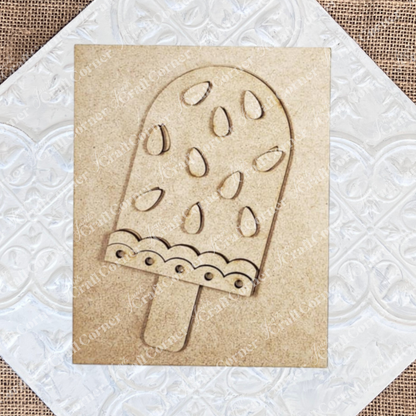 Janet's Craft Corner Vintage Watermelon Switchable Farmhouse Sign—DIY seasonal home decor craft kit (Set of 1), features engraved seeds and decorative patterns, shown on a white tile and burlap backdrop.