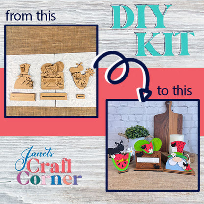 A DIY Kit from Janet's Craft Corner includes wooden cutouts for creating summer decorations. On the left are unfinished pieces labeled "Watermelon Shelf Sitters," while on the right, vibrant and completed items like standing watermelon signs and farmhouse decor are showcased on a table. An arrow with the text "from this to this" points right, illustrating the transformation.