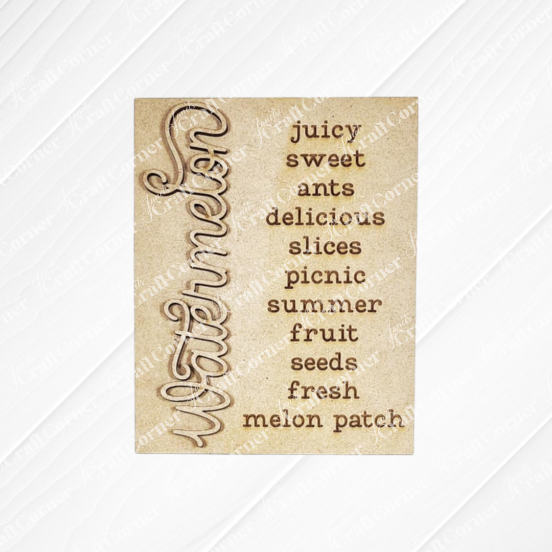 Janet's Craft Corner Vintage Watermelon Switchable Farmhouse Signs DIY craft kit features "watermelon" vertically and words like juicy, picnic, summer, and slices—perfect for seasonal home decor or a fun DIY project. Set of 1.