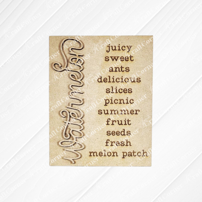 Janet's Craft Corner Vintage Watermelon Switchable Farmhouse Signs DIY craft kit features "watermelon" vertically and words like juicy, picnic, summer, and slices—perfect for seasonal home decor or a fun DIY project. Set of 1.