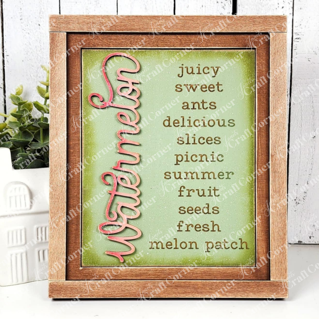 The Vintage Watermelon Switchable Farmhouse Sign from Janet's Craft Corner is a DIY seasonal home decor kit featuring a green background, summer words, and "Watermelon" in pink—perfect for farmhouse sign lovers.