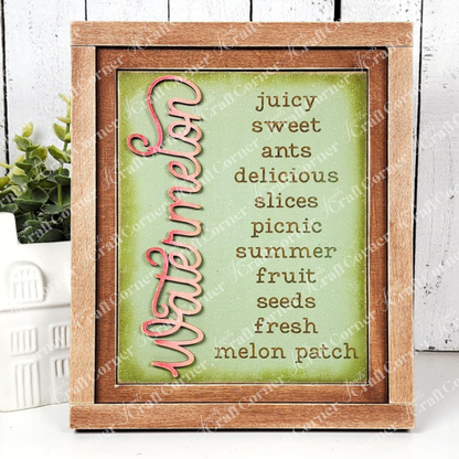 The Vintage Watermelon Switchable Farmhouse Sign from Janet's Craft Corner is a DIY seasonal home decor kit featuring a green background, summer words, and "Watermelon" in pink—perfect for farmhouse sign lovers.