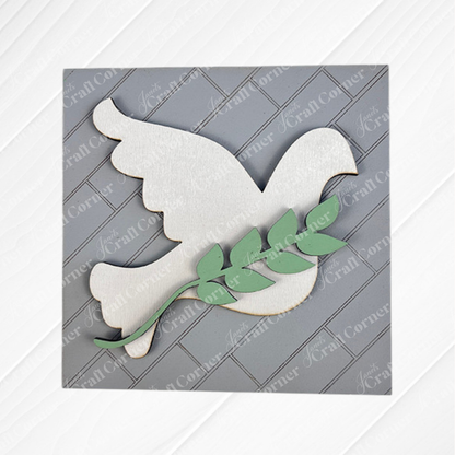 The Religious Easter Squares from Janet's Craft Corner feature a white paper dove with a green leafy branch on a gray, diagonally patterned background—perfect for tiered tray decor or mixing with other swappable squares.