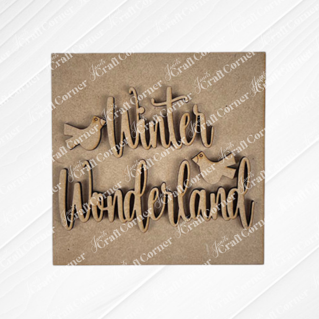 Snow Squares" by Janet's Craft Corner: a laser-cut wooden sign with "Snow Squares" in cursive and two small birds on the letters—perfect for your DIY seasonal home decor, shown on a plain brown background.