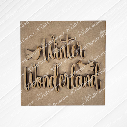 Snow Squares" by Janet's Craft Corner: a laser-cut wooden sign with "Snow Squares" in cursive and two small birds on the letters—perfect for your DIY seasonal home decor, shown on a plain brown background.