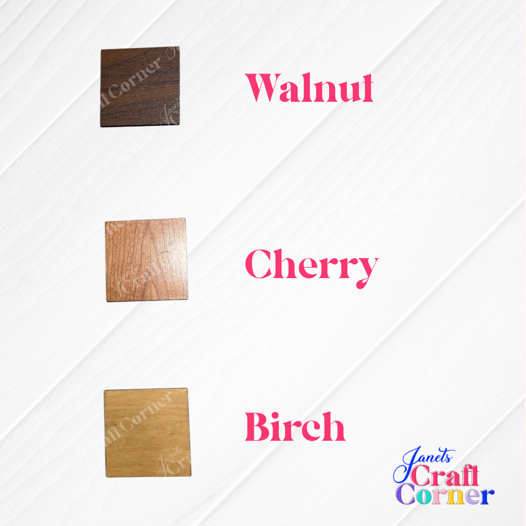 Three wooden squares labeled "Walnut," "Cherry," and "Birch" sit on a white background with the Janet's Craft Corner logo—a Personalized Mom Sign perfect as a shelf sitter or custom gift.