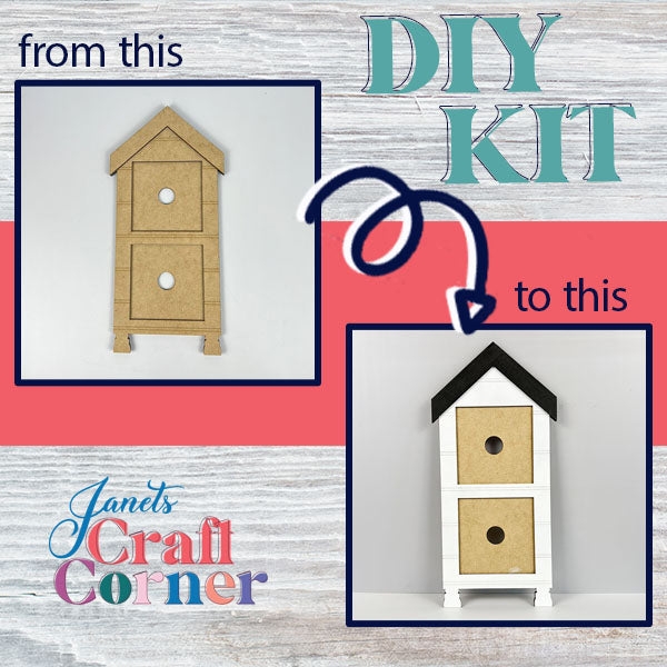 Explore the allure of farmhouse décor with Janet's Craft Corner's House Interchangeable Squares Holders. Convert a basic two-drawer cardboard cabinet into a captivating masterpiece featuring a white body and black roof. Let your creativity shine from start to finish! Ideal for any seasonal craft enthusiast.