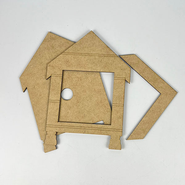 A collection of unpainted, flat wooden cutouts from Janet's Craft Corner’s House Interchangeable Squares Holders, featuring various geometric shapes reminiscent of a DIY birdhouse kit, set against a white background.