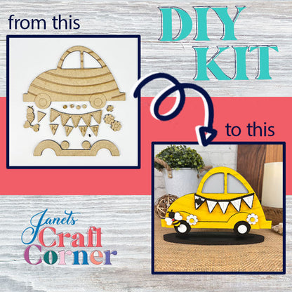Craft your very own Bee Volkswagen with Janet's Craft Corner's DIY kit. On the left, see the unassembled wood pieces, and on the right, marvel at the completed and painted yellow Bee Volkswagen adorned with flowers and bunting proudly displayed on a black base. Experience "from this to this" transformation with our "DIY Kit." Featuring Janet's Craft Corner logo at the bottom.