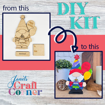 Introducing the ultimate DIY Kit for home décor enthusiasts! Transform a simple wooden cutout into a vibrant Birthday Gnome masterpiece, perfect for celebrations. Discover the magic from ordinary to extraordinary with Birthday Gnome at Janet's Craft Corner. Logo proudly showcased below.