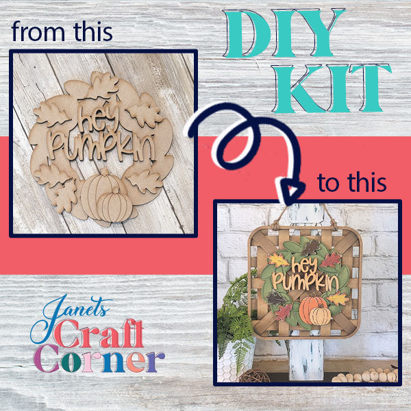 Introducing the Hey Pumpkin Interchangeable Wreath by Janet's Craft Corner, an ideal addition to farmhouse decor. The before image features a simple wooden cutout adorned with leaves and a pumpkin. In the after image, the cutout is transformed with vibrant colors and mounted on a rustic background. Text reads "from this to this.