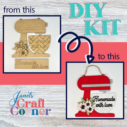 Create a vibrant Kitchen Mixer Wall Hanger from a plain wooden cutout with this DIY kit. It includes a plaid bowl design, "Homemade with love" text, and flower embellishments for an eye-catching look. Ideal for home decor enthusiasts, it features the "Janet's Craft Corner" branding in the background for extra charm.