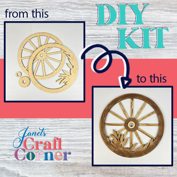 Janet's Craft Corner presents an advertisement for the Interchangeable Wagon Wheel Door/Wall Hanger showcasing two images: on the left, a door/wall hanger kit with separate wooden pieces; on the right, a fully assembled and stained wagon wheel complemented with decorative leaves. Text reads "from this" pointing to "to this," ideal for crafting distinctive home décor.