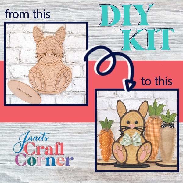 The image for the DIY kit shows a wooden bunny cutout on the left and, on the right, an Easter decor creation adorned with carrots. The text includes "from this to this" with an arrow and features "Janet's Craft Corner" at the bottom. It's perfect for making your own Wood Slice Bunny Shelf Sitter!